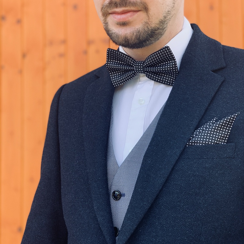 Černo - bílý set - motýlek + kapesník + manžetové knoflíčky Dots 