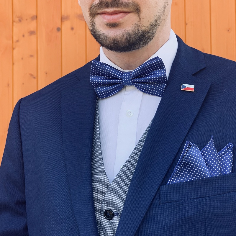 Modro - bílý set - motýlek + kapesník + manžetové knoflíčky Dots 