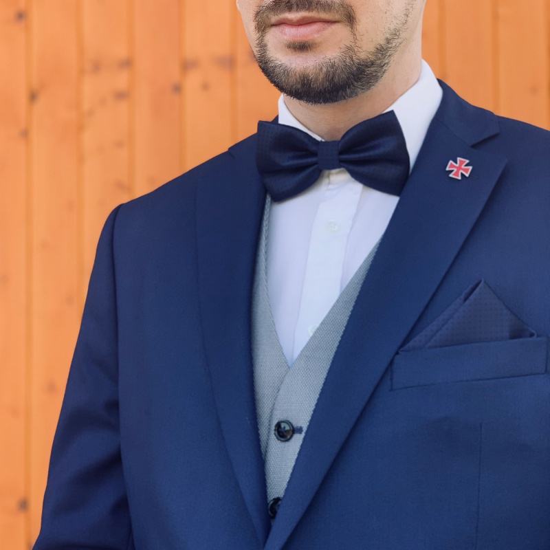 Modrý set - motýlek + kapesník + manžetové knoflíčky Dots 