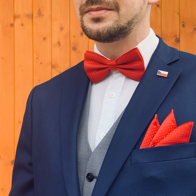 Červený set - motýlek + kapesník + manžetové knoflíčky Dots 