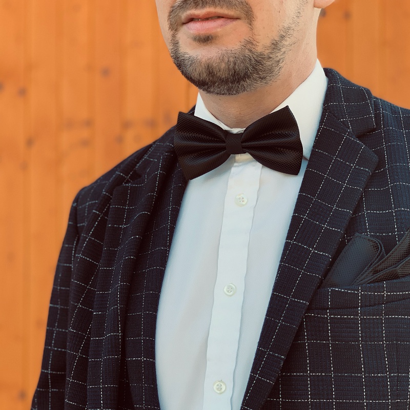 Černý set - motýlek + kapesník + manžetové knoflíčky Plaid 