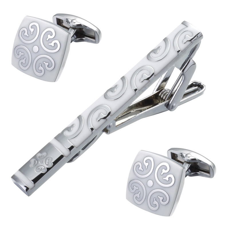 Černo - bílý set - spona na kravatu a manžetové knoflíčky Ornament 