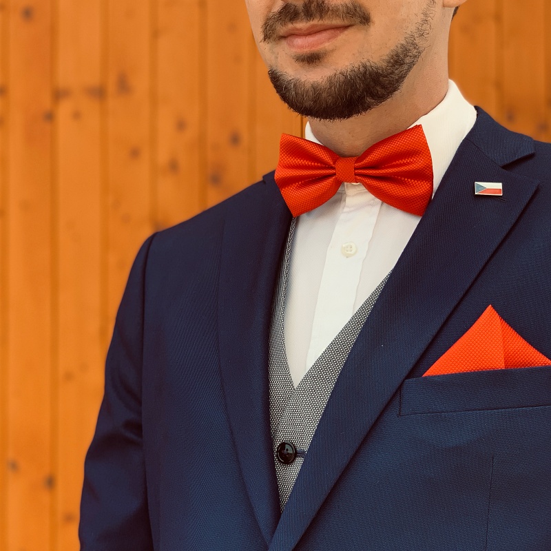 Červený set - motýlek + kapesník + manžetové knoflíčky Plaid 