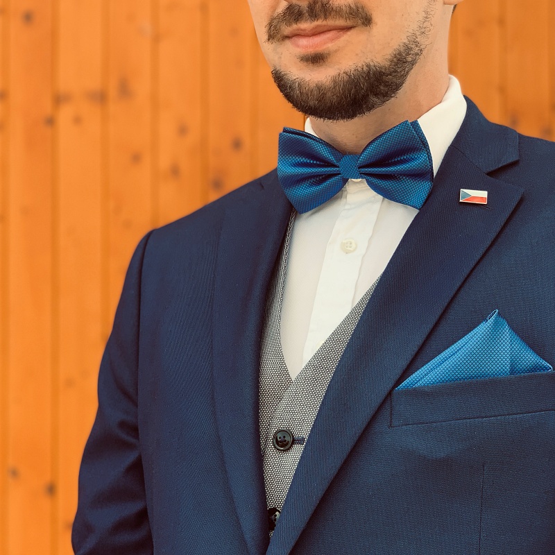 Modrý set - motýlek + kapesník + manžetové knoflíčky Plaid 