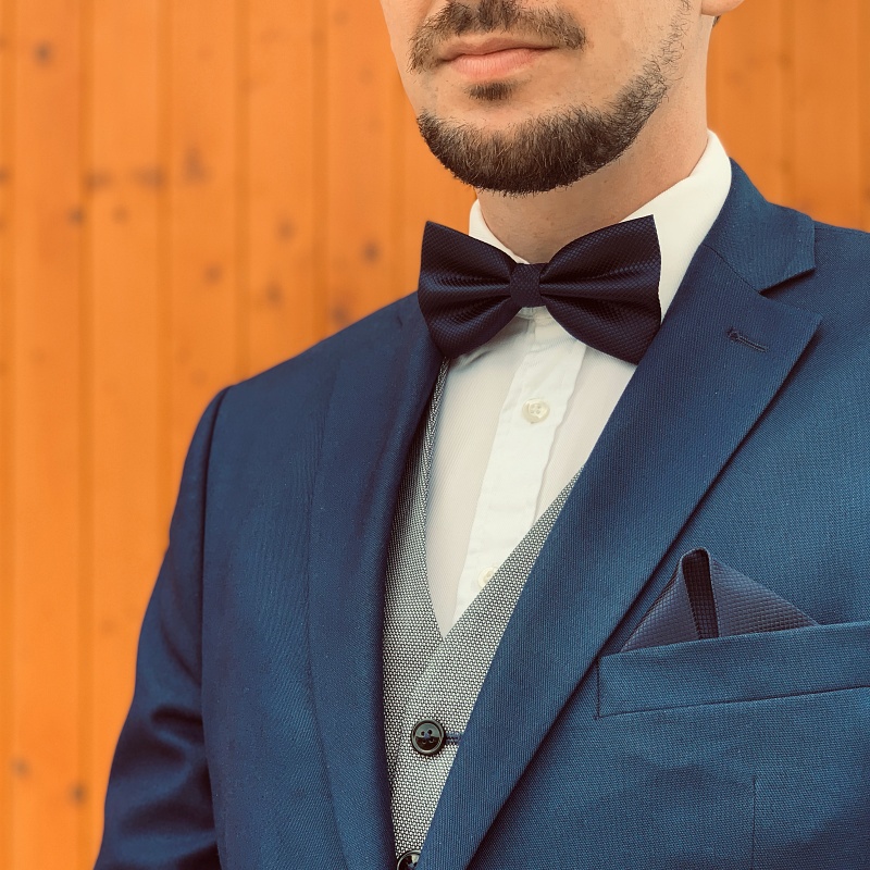 Tmavě modrý set - motýlek + kapesník + manžetové knoflíčky Plaid 