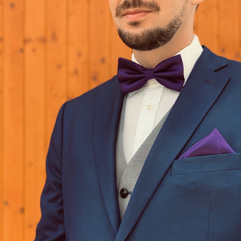 Fialový set - motýlek + kapesník + manžetové knoflíčky Plaid 