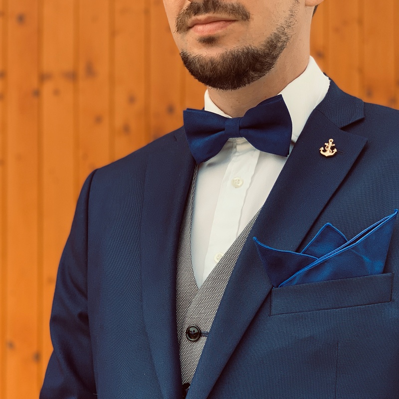 Modrý set - motýlek + kapesník + manžetové knoflíčky Semiš 