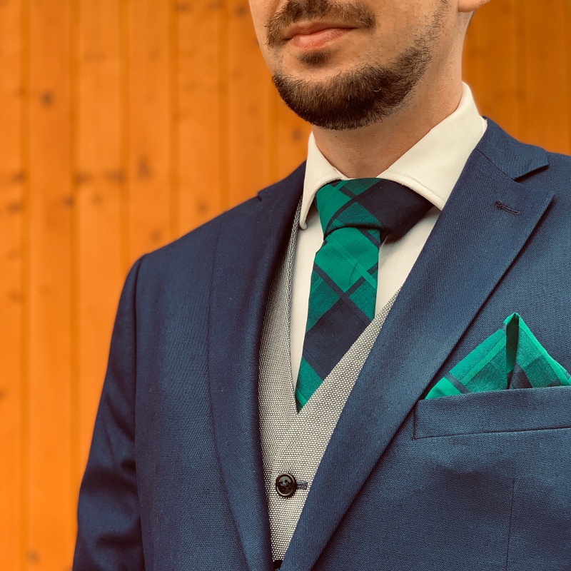 Modro - zelený set kravata, motýlek a kapesník Check 