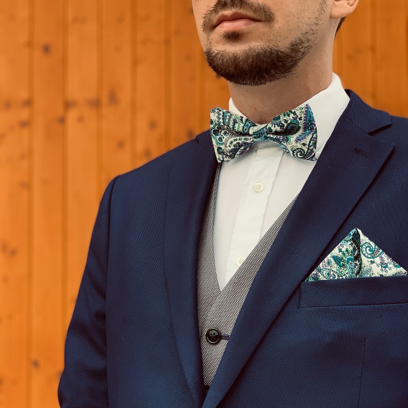 Modrý set motýlek a kapesník Flower art 