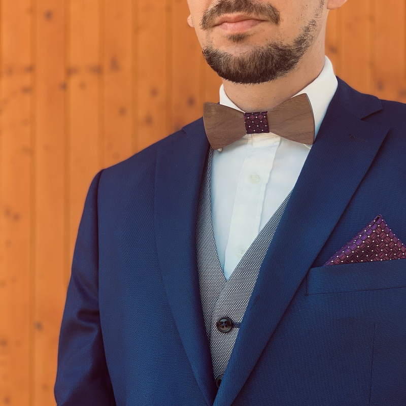 Dřevěný fialový set - motýlek Classic Shape + manžetové knoflíčky + kapesník