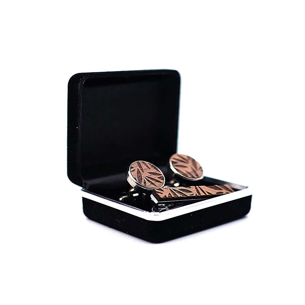 Dřevěný set - manžetové knoflíčky + spona na kravatu Leaf 