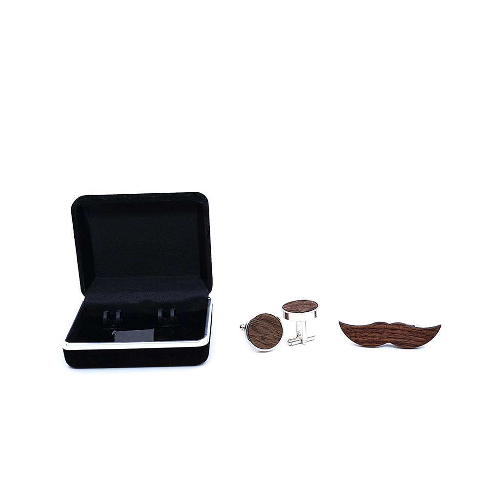 Dřevěný set - manžetové knoflíčky + spona na kravatu Knír