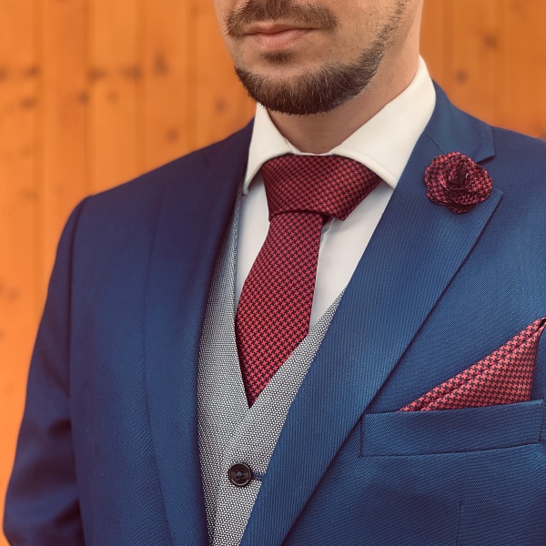 Červeno - černý set Houndstooth - kravata, kapesník a manžetové knoflíčky + brož 