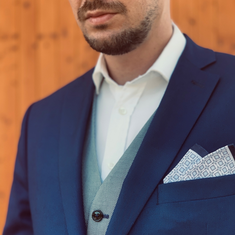 Modro - bílý kapesník do saka Blažek Šachovnice ornament