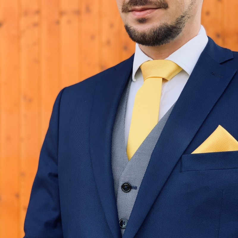 Žlutý set kravata, motýlek, kapesník a manžetové knoflíčky Plaid