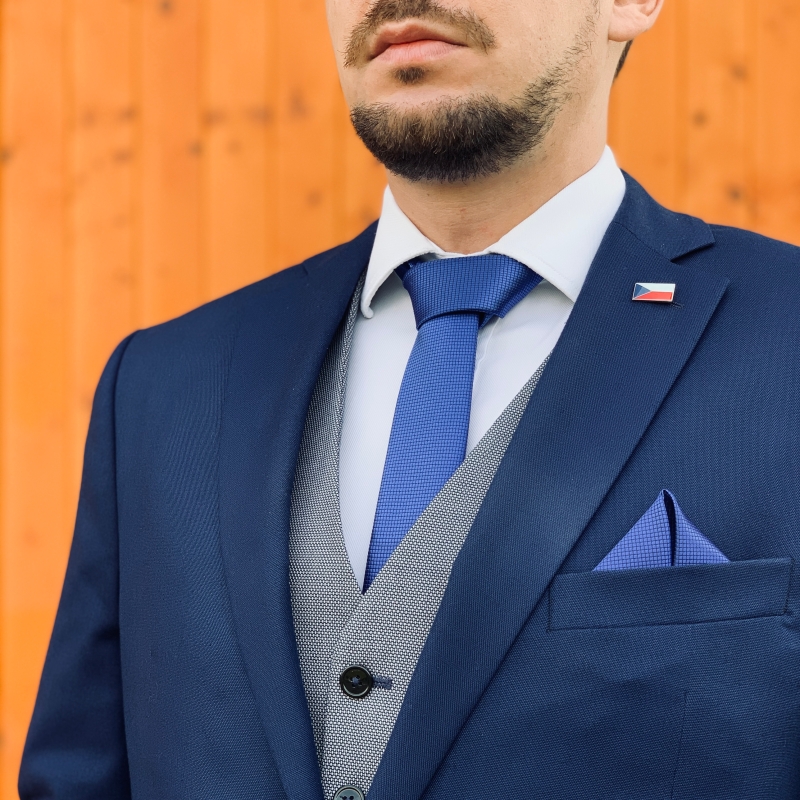 Modrý set kravata, motýlek, kapesník a manžetové knoflíčky Plaid