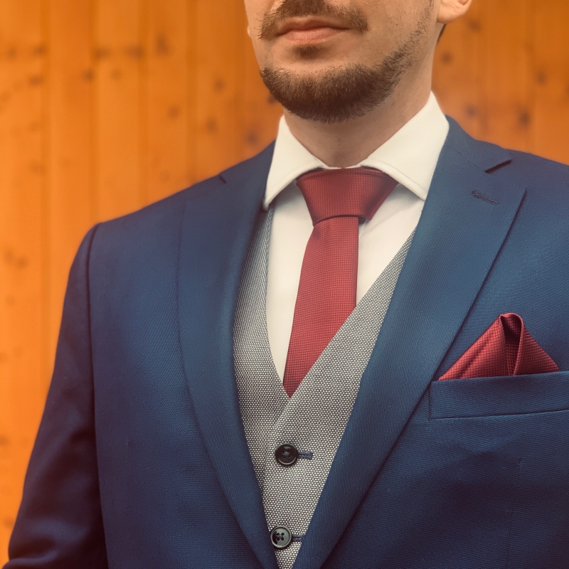 Rudý set kravata, motýlek, kapesník a manžetové knoflíčky Plaid