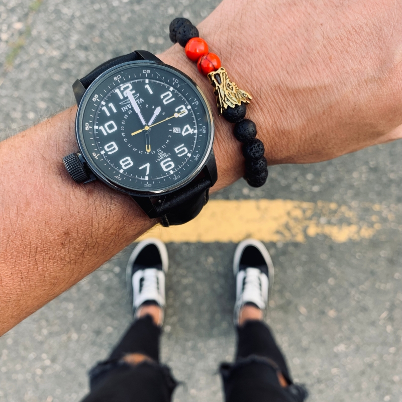 Černo - červený lávový náramek zlatý Drak 