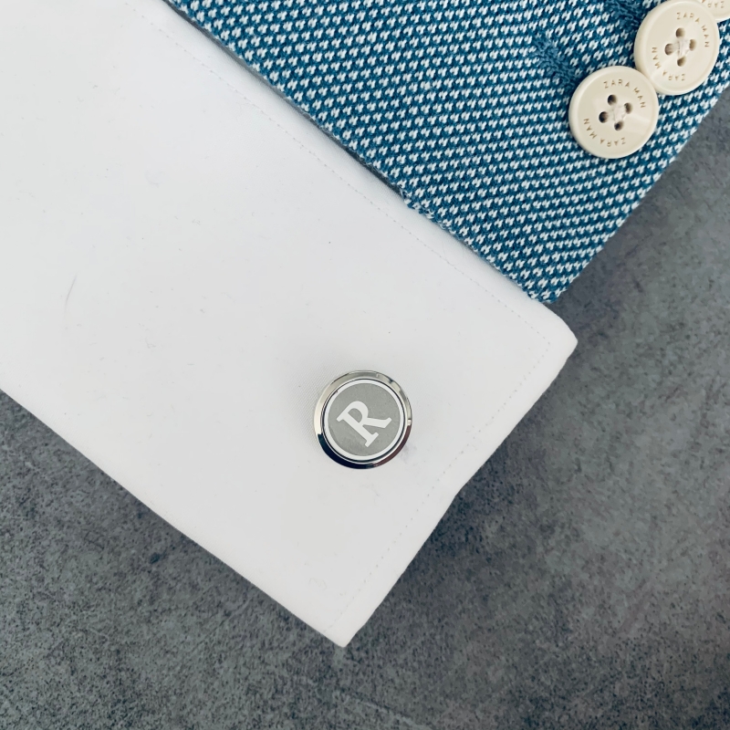 Stříbrný set - spona na kravatu a manžetové knoflíčky Iniciál R