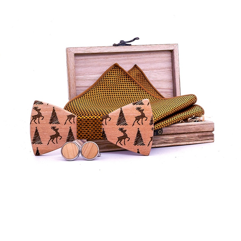 Dřevěný vánoční set - motýlek Jelen a stromeček + manžetové knoflíčky + kapesník