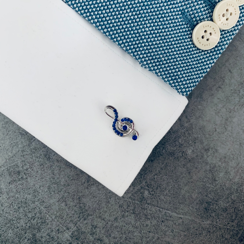 Stříbrný set - spona na kravatu a manžetové knoflíčky Houslový klíč modrý