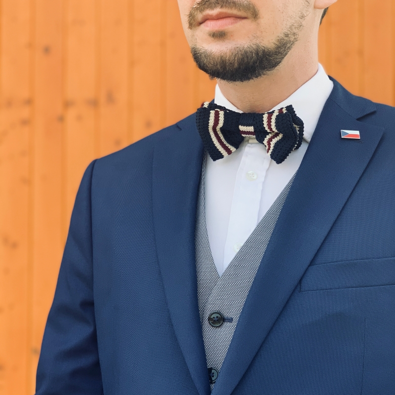 Tmavě modro - rudo - bílý pánský motýlek Knit Stripe