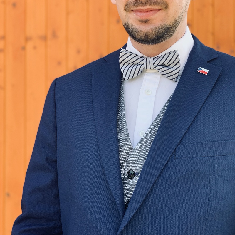 Stříbrno - modrý pánský motýlek Stripe