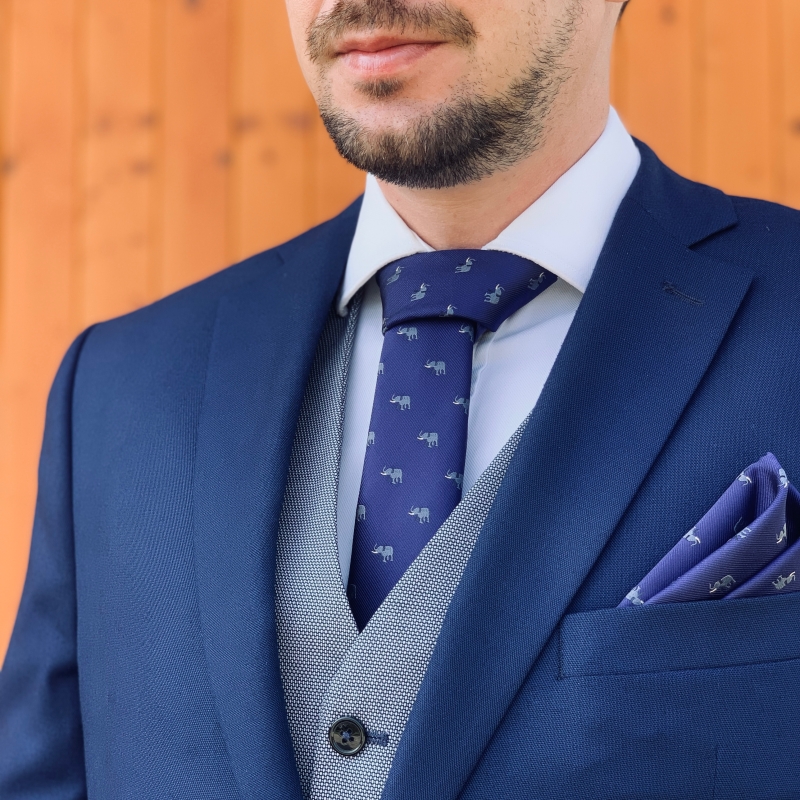 Modrý set - kravata, motýlek a kapesník šedý Slon 