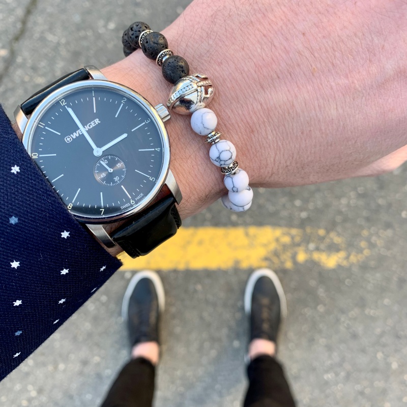 Černo - bílý náramek stříbrný Sparta bojovník - láva