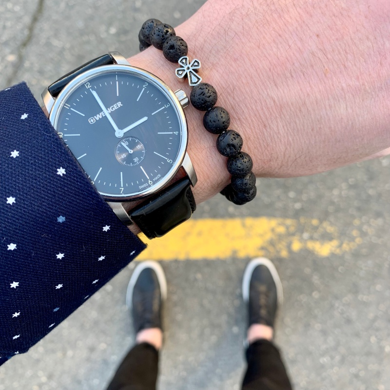 Černý náramek Velký stříbrný kříž - láva