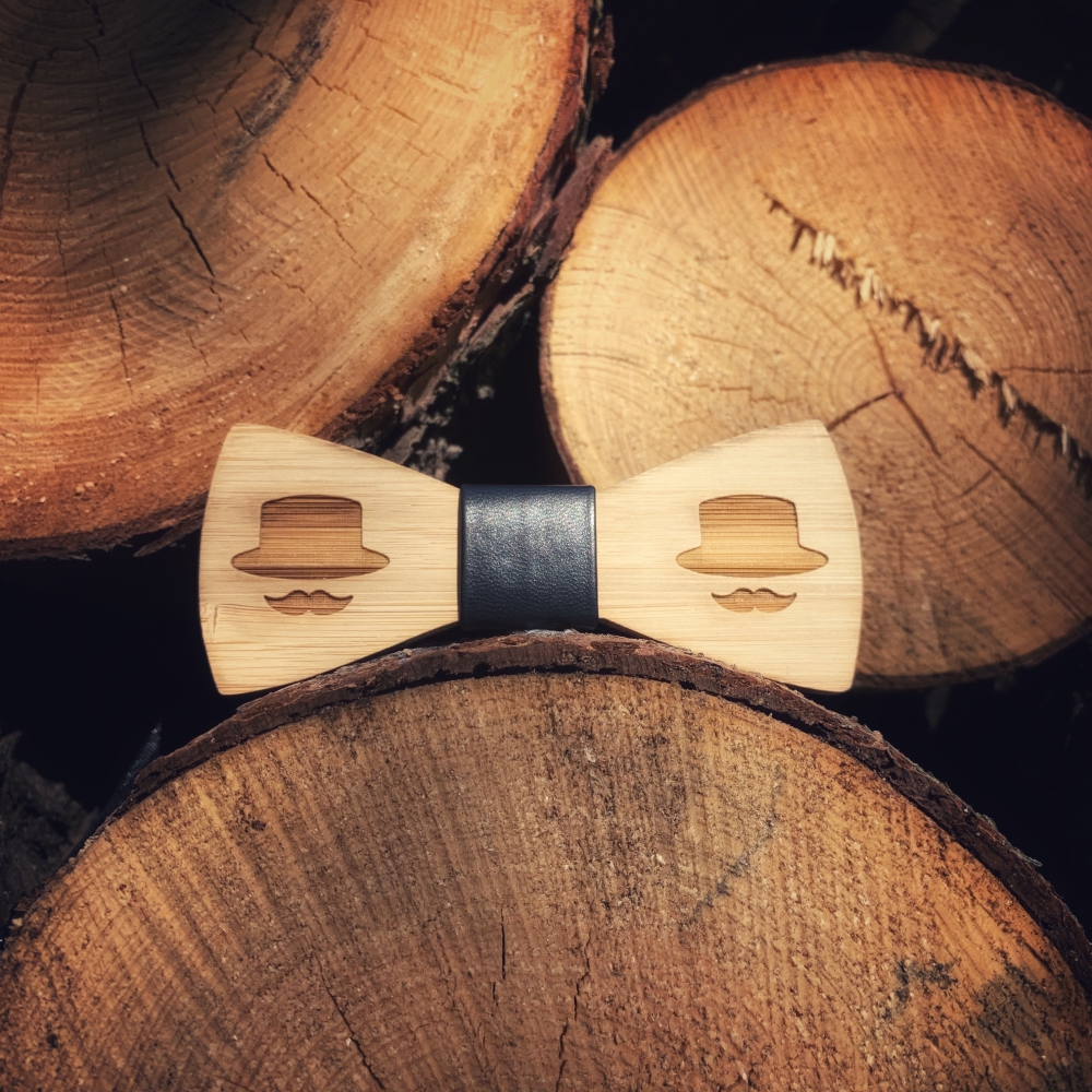 Dřevěný pánský motýlek Klobouček a knírek