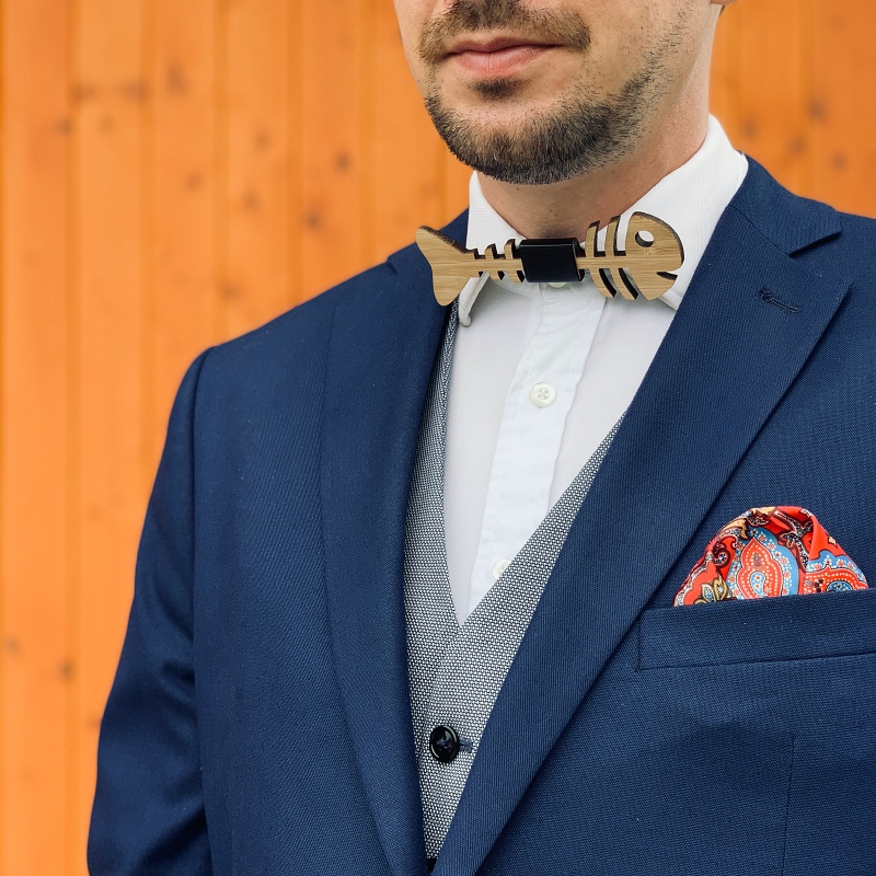 Dřevěný pánský motýlek Kostra Ryby Leather