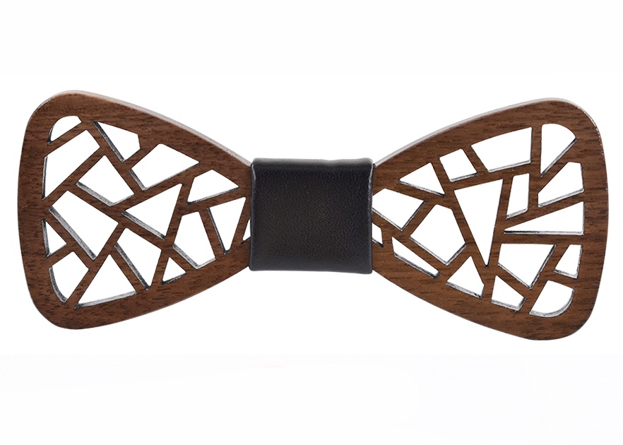 Dřevěný pánský motýlek Geometric Leather + manžetové knoflíčky 