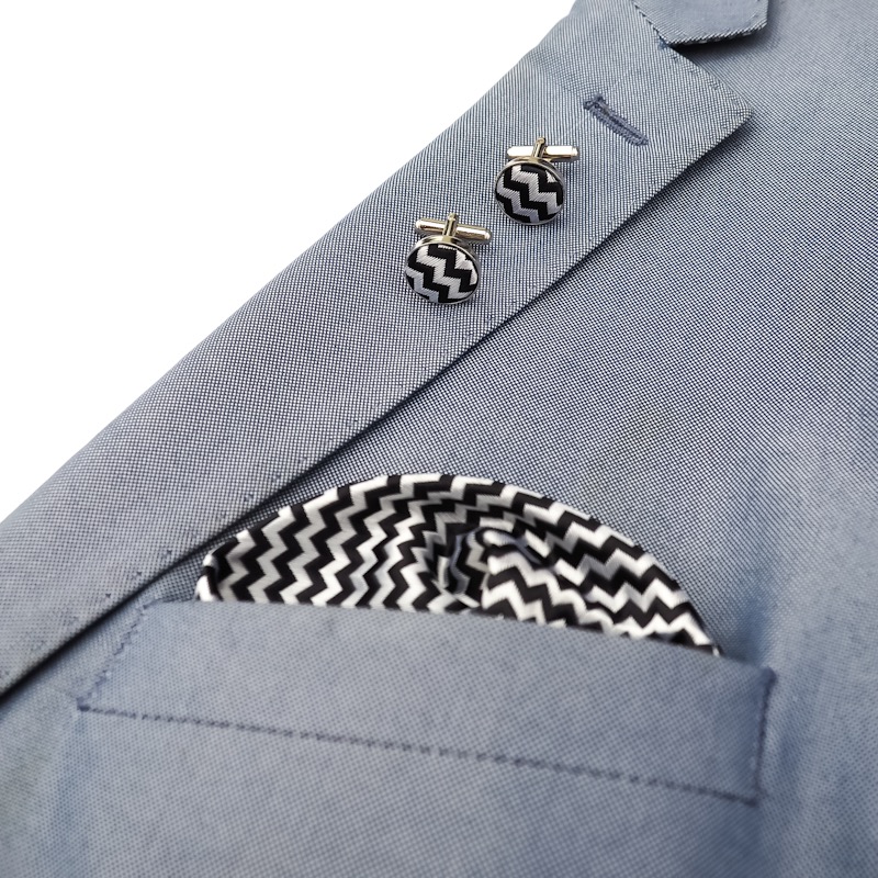 Černo - stříbrný set - kapesník + manžetové knoflíčky Wave