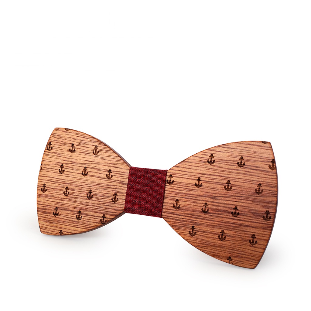 Dřevěný pánský motýlek Mahoosive Kotva - červená 