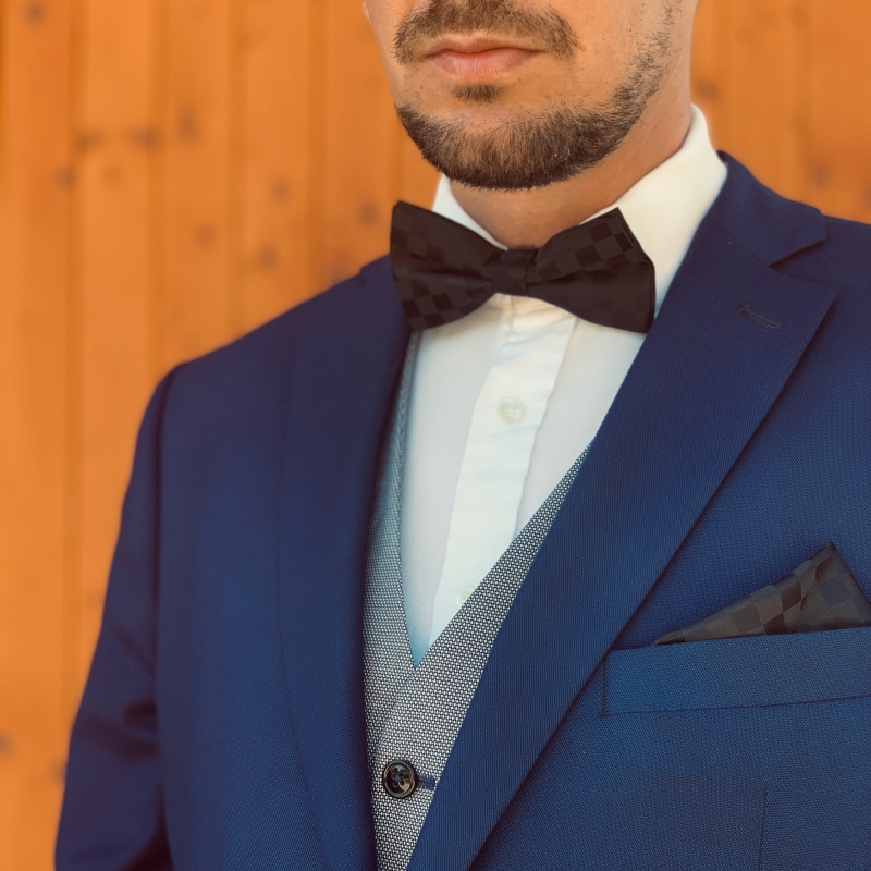 Černý set - motýlek + kapesník + manžetové knoflíčky Šachovnice 