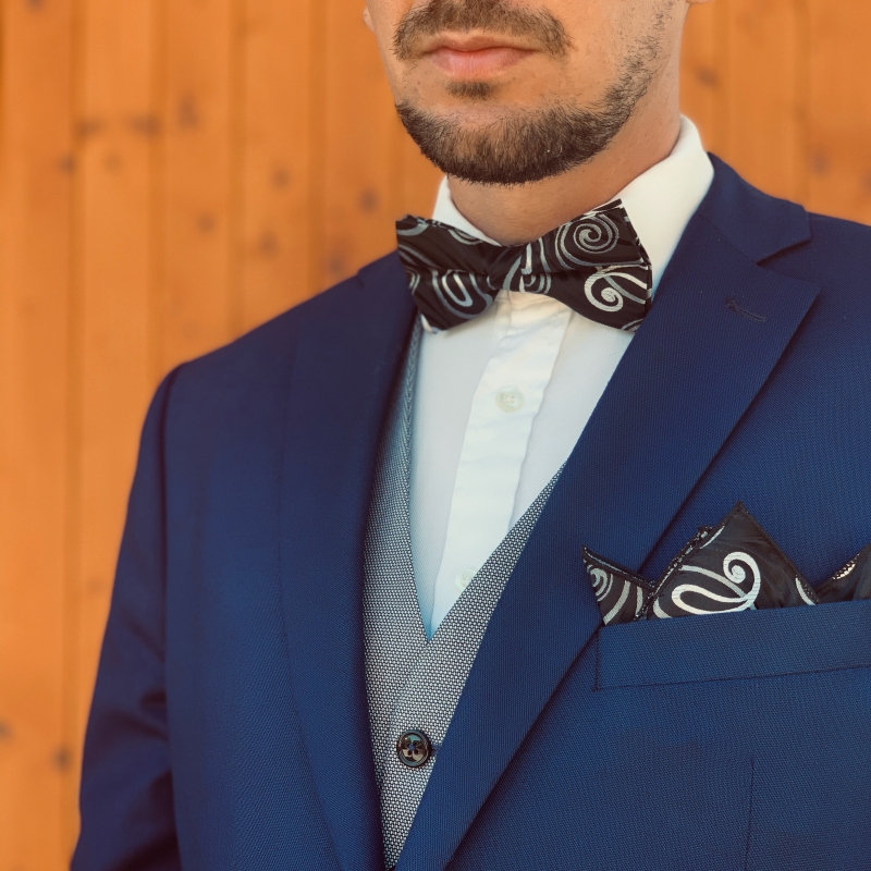 Černo - stříbrný set - motýlek + kapesník + manžetové knoflíčky Vintage 