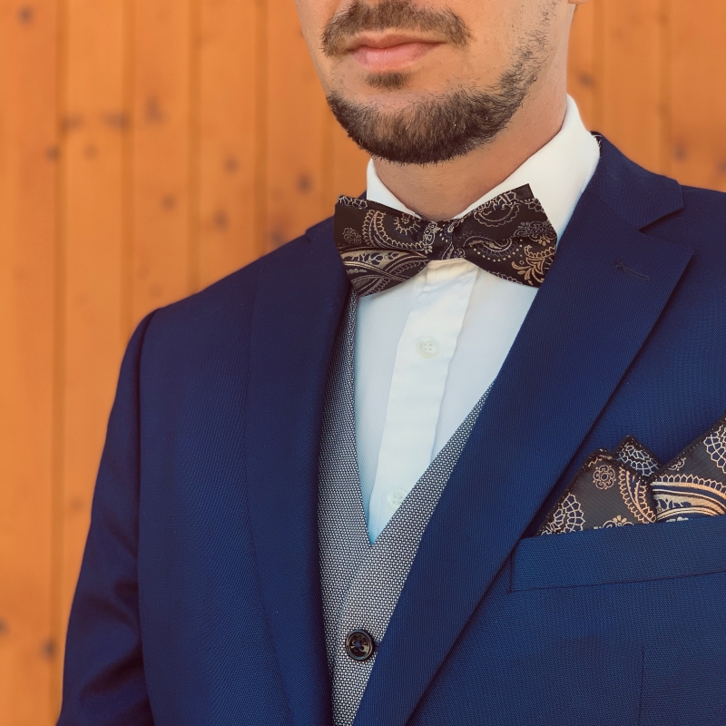 Černo - zlatý set - motýlek + kapesník + manžetové knoflíčky Vintage 