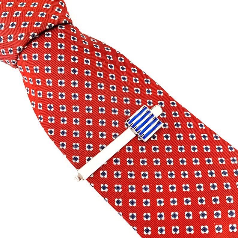 Stříbrno - modrý set - spona na kravatu a manžetové knoflíčky Pruhy 