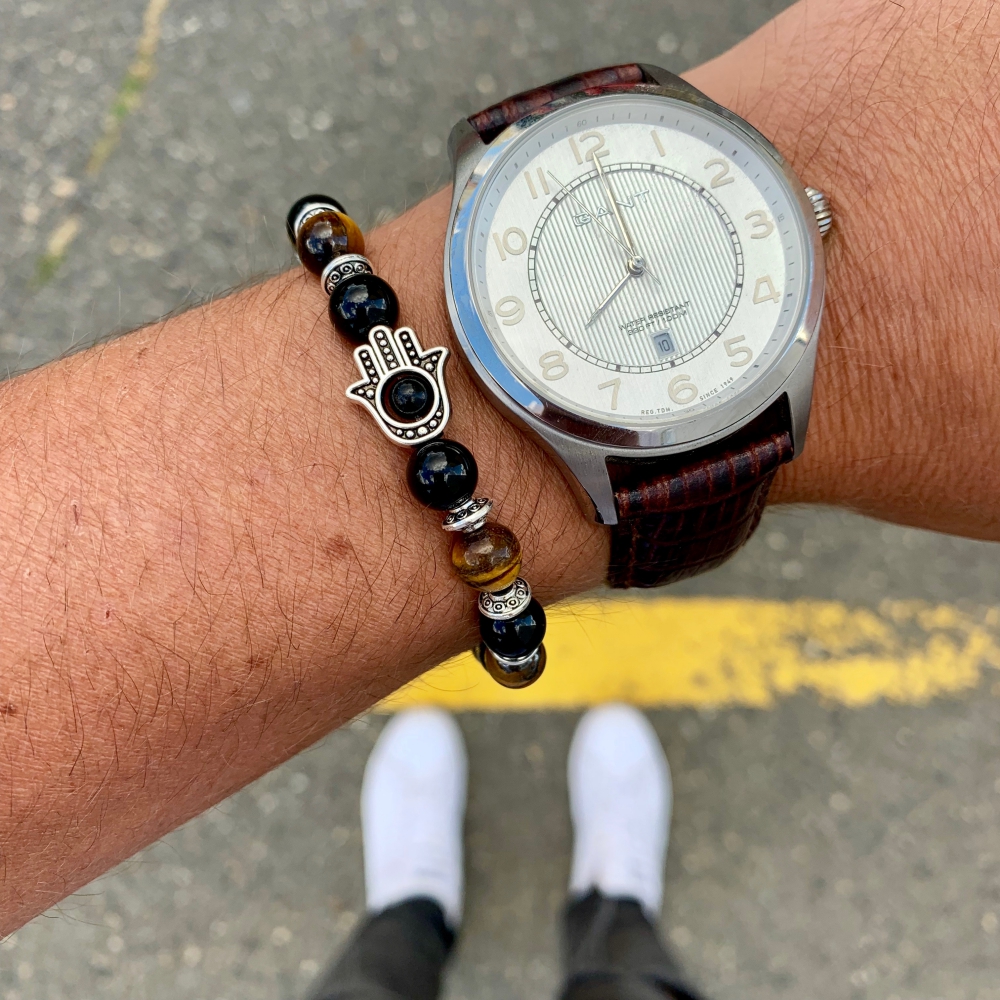 Černo - hnědý náramek stříbrná Fatimina ruka