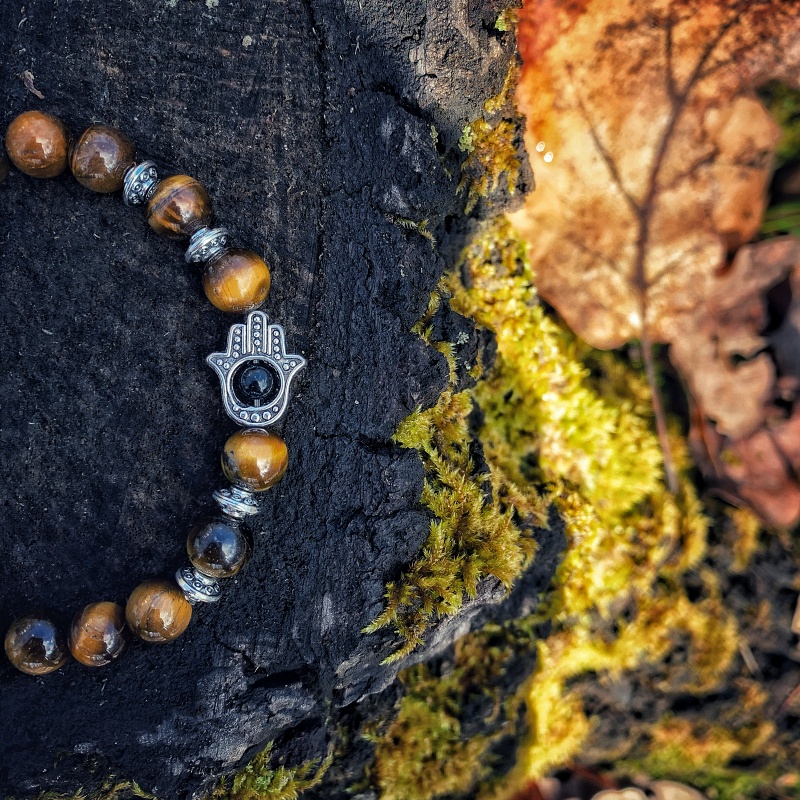 Hnědý náramek stříbrná Fatimina ruka