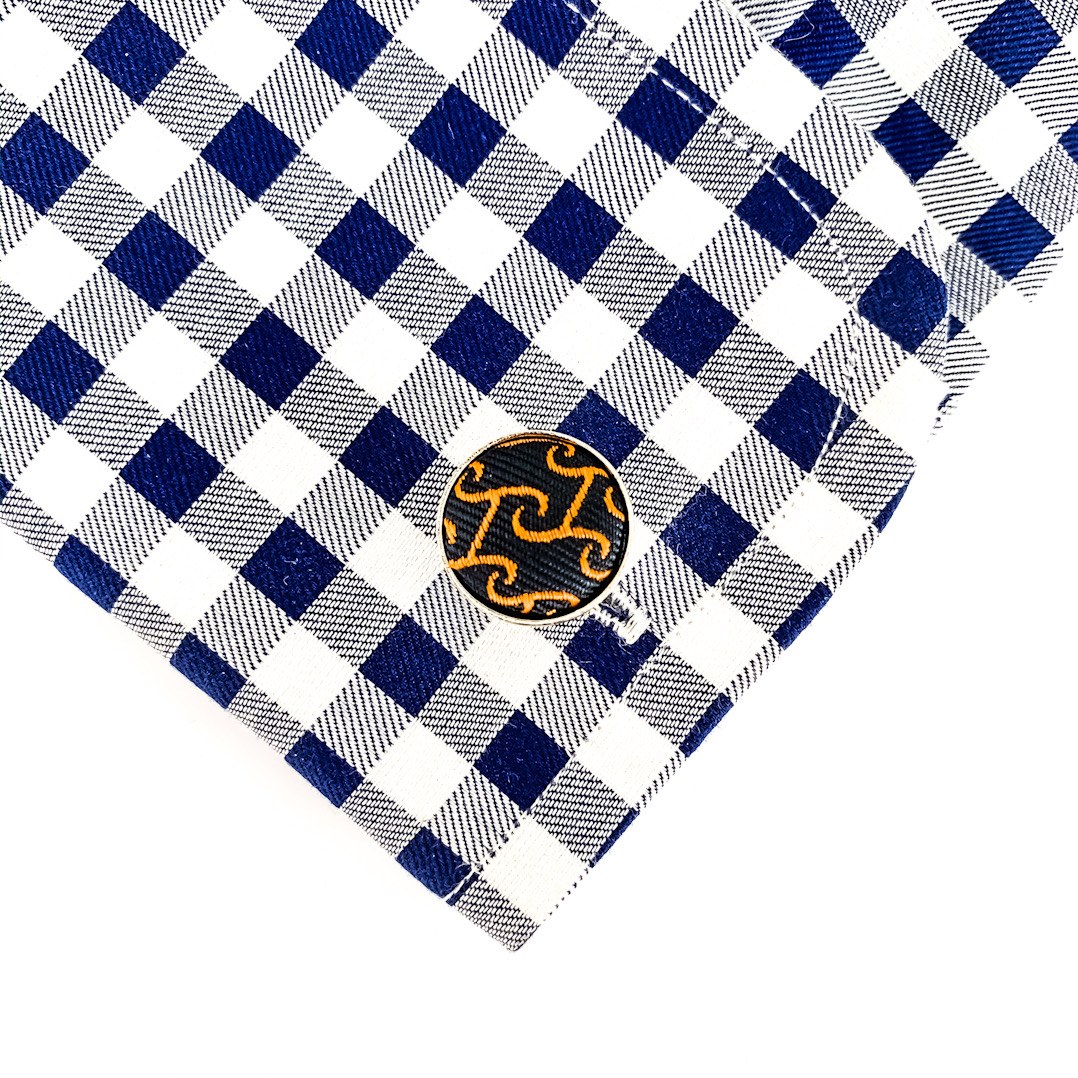 Modro - oranžový set kravata, kapesník a manžetové knoflíčky Waves