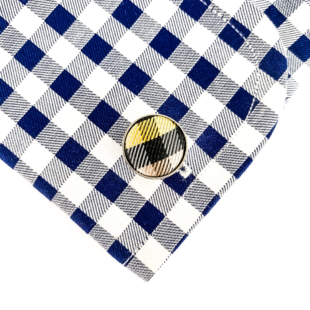 Žluto - béžovo - černý set kravata, kapesník a manžetové knoflíčky Kostičky 