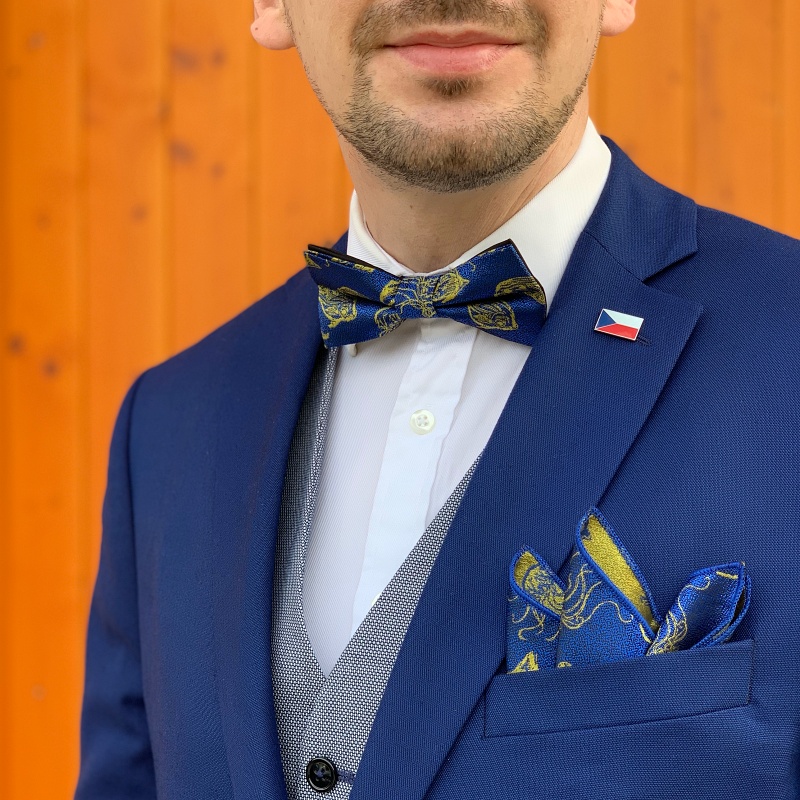 Modro - zlatý set kravata, motýlek a kapesník Mořské ryby 