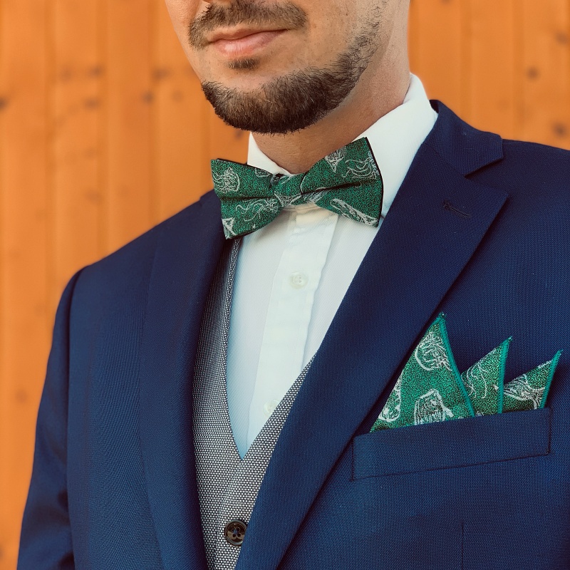 Zelený set kravata, motýlek a kapesník Mořské ryby
