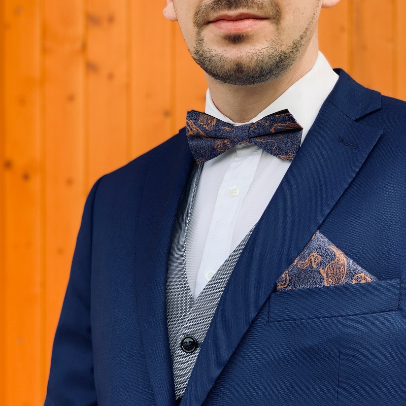 Fialovo - oranžový set kravata, motýlek a kapesník Mořské ryby 