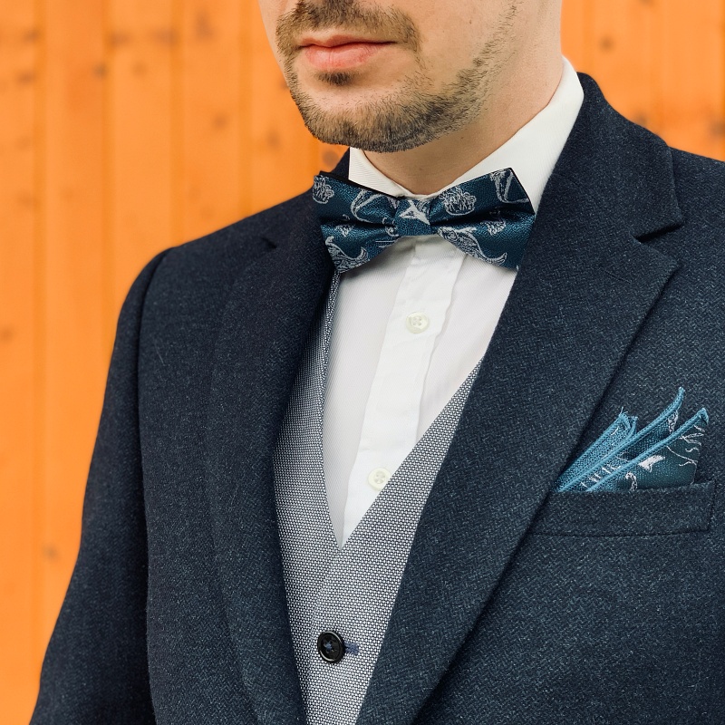 Modrý set kravata, motýlek a kapesník Mořské ryby 