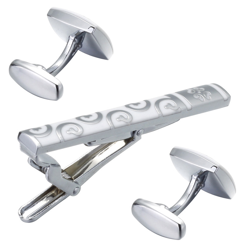 Černo - bílý set - spona na kravatu a manžetové knoflíčky Ornament 