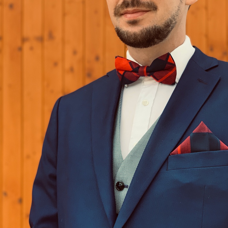 Modro - červený set kravata, motýlek a kapesník Check 
