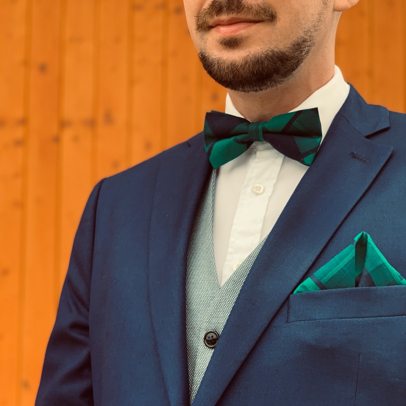 Modro - zelený set kravata, motýlek a kapesník Check 